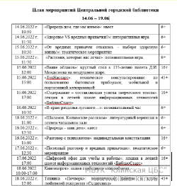 План мероприятий Центральной городской библиотеки 14.06 – 19.06